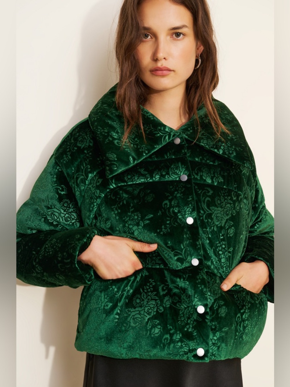 Small noize Yasmin Velvet Quilted puffer Jacket Emerald Green damask jacquard